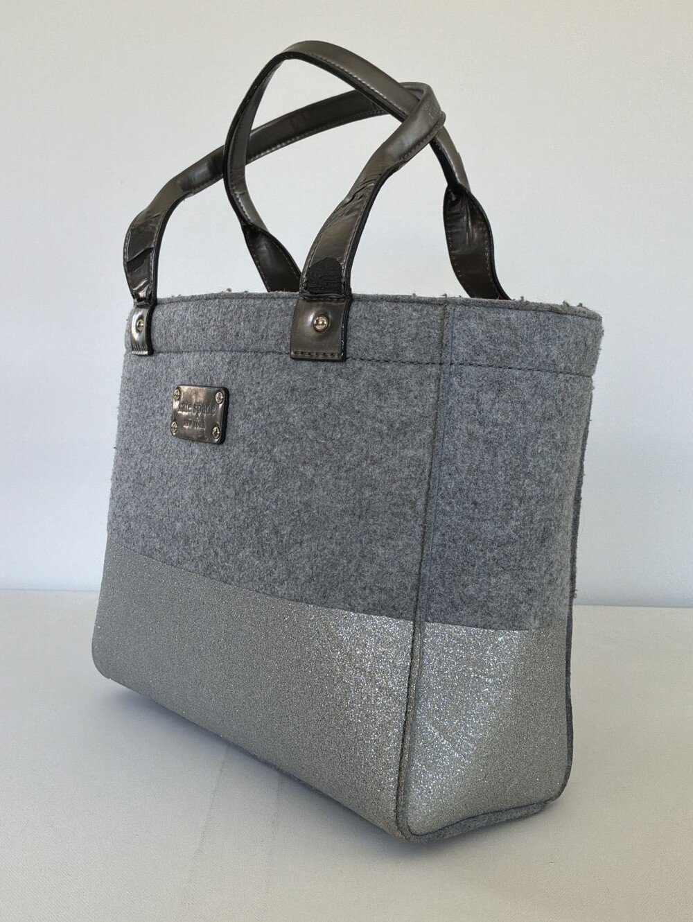 Kate Spade Gray Felt & Silver Tote Bag with Dark Handles